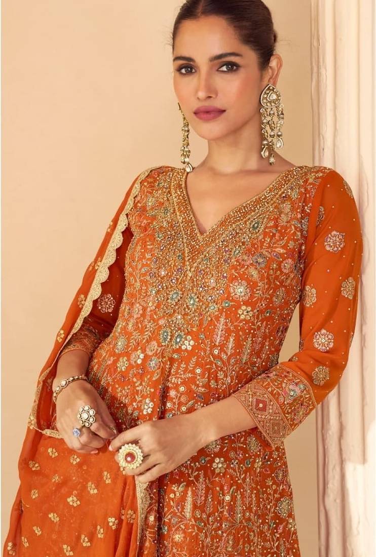 Orange real georgette free size stitched suit with sequence & diamond work