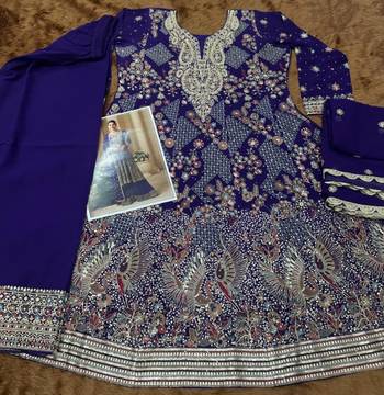 Navy real georgette free size stitched suit with sequin & diamond  3
