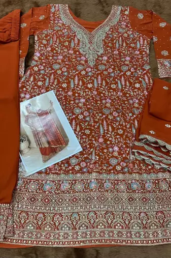 Orange real georgette free size stitched suit with sequence & diamond work