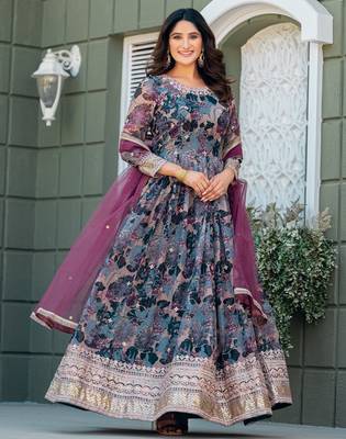 Grey Taby Silk Stitched Anarkali Suit With Thread & Sequence Work 1