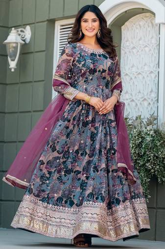 Grey taby silk stitched anarkali suit with thread & sequence work