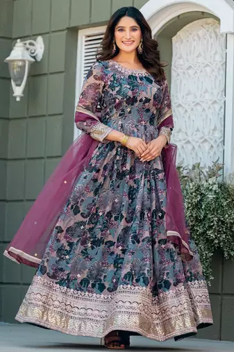 Grey taby silk stitched anarkali suit with thread & sequence work