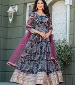 Grey taby silk stitched anarkali suit with thread & sequence work