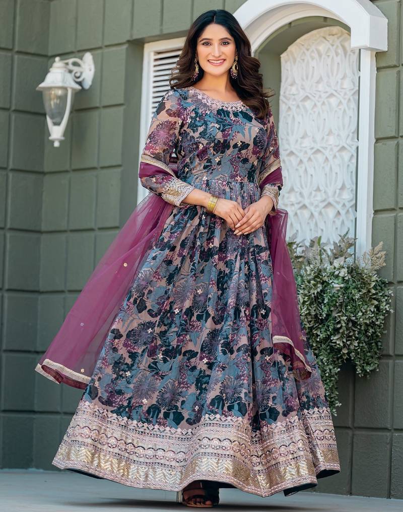 Grey taby silk stitched anarkali suit with thread & sequence work