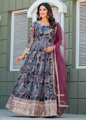 Grey Taby Silk Stitched Anarkali Suit With Thread & Sequence Work 2