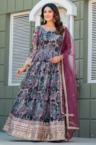 Grey taby silk stitched anarkali suit with thread & sequin 