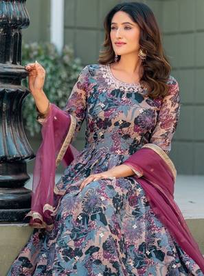 Grey Taby Silk Stitched Anarkali Suit With Thread & Sequence Work 3