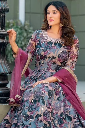 Grey taby silk stitched anarkali suit with thread & sequin 
