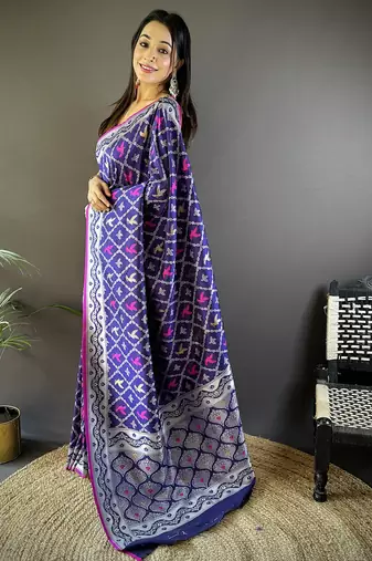 Blue lichi soft silk jacquard silver gold zari weaving banarasi saree