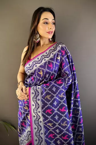 Blue lichi soft silk jacquard silver gold zari weaving banarasi saree