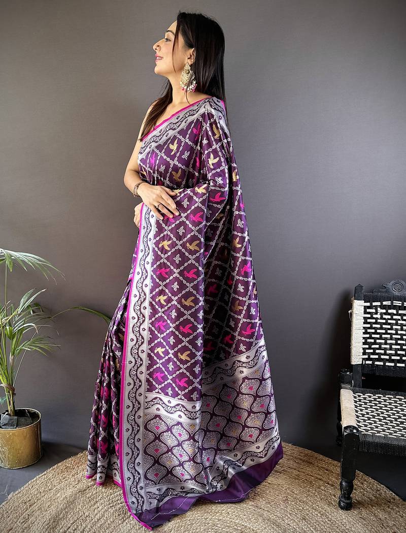 Purple lichi soft silk jacquard silver gold zari weaving banarasi saree