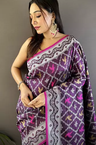 Purple lichi soft silk jacquard silver gold zari weaving banarasi saree