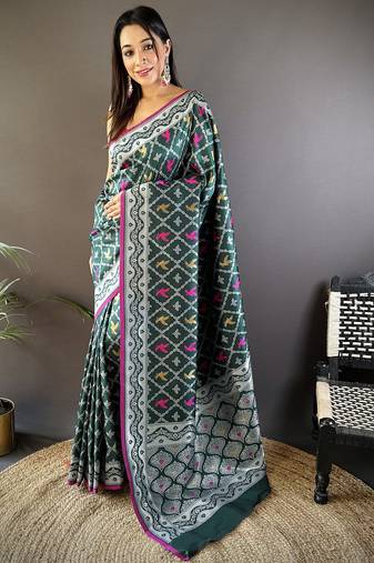 Dark green lichi soft silk jacquard silver gold zari weaving banarasi saree