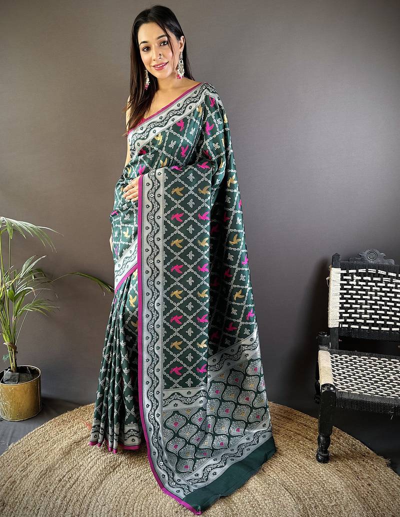 Dark green lichi soft silk jacquard silver gold zari weaving banarasi saree