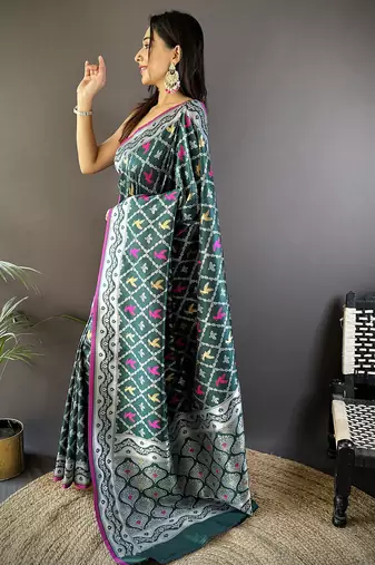 Dark green lichi soft silk jacquard silver gold zari weaving banarasi saree