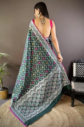 Dark green lichi soft silk jacquard silver gold zari weaving banarasi saree