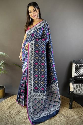 Royal blue lichi soft silk jacquard silver gold zari weaving banarasi saree