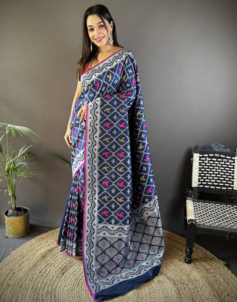 Royal blue lichi soft silk jacquard silver gold zari weaving banarasi saree