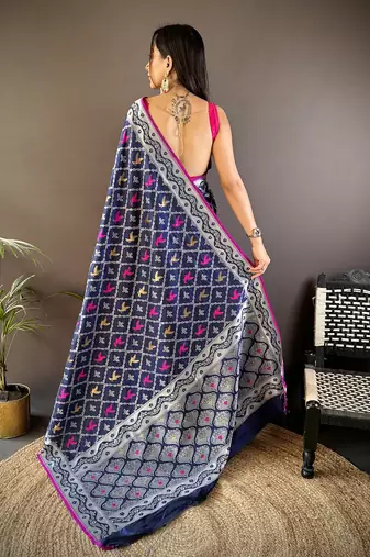 Royal blue lichi soft silk jacquard silver gold zari weaving banarasi saree