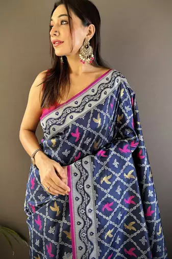 Royal blue lichi soft silk jacquard silver gold zari weaving banarasi saree