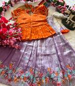 Girls orange tissue silk choli with lavender floral embroidered lehenga set