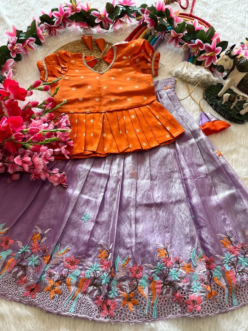 Girls orange tissue silk choli with lavender floral embroidered lehenga set