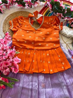 Girls orange tissue silk choli with lavender floral embroidered lehenga set 2