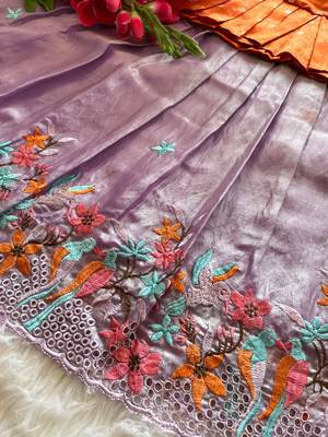 Girls orange tissue silk choli with lavender floral embroidered lehenga set 3