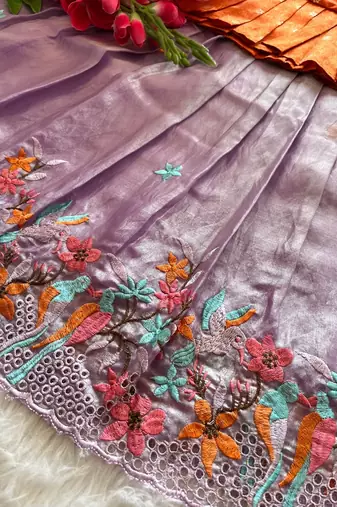 Girls orange tissue silk choli with lavender floral embroidered lehenga set