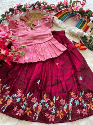 Girls pink tissue silk choli with ranipink floral embroidered lehenga set 2