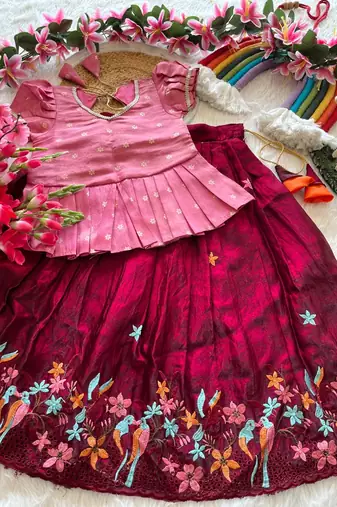 Girls pink tissue silk choli with ranipink floral embroidered lehenga set
