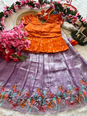 Girls orange tissue silk choli with lavender floral embroidered lehenga set 4
