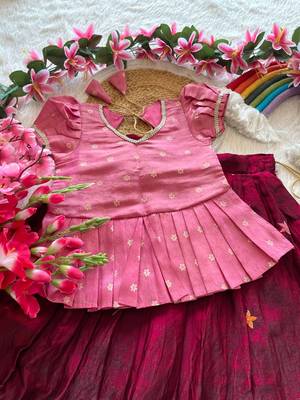 Girls pink tissue silk choli with ranipink floral embroidered lehenga set 3