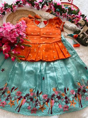 Girls orange tissue silk choli with skyblue floral embroidered lehenga set 1