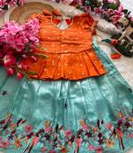 Girls orange tissue silk choli with skyblue floral embroidered lehenga set