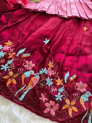 Girls pink tissue silk choli with ranipink floral embroidered lehenga set 4