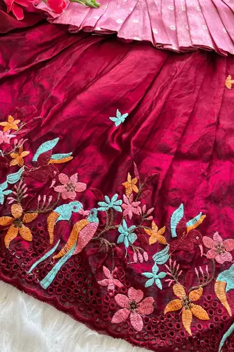 Girls pink tissue silk choli with ranipink floral embroidered lehenga set