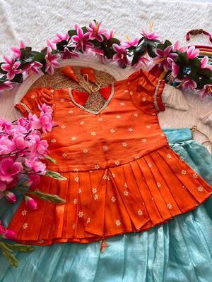 Girls orange tissue silk choli with skyblue floral embroidered lehenga set 2