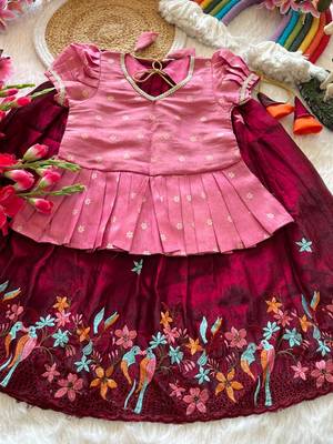 Girls pink tissue silk choli with ranipink floral embroidered lehenga set 5