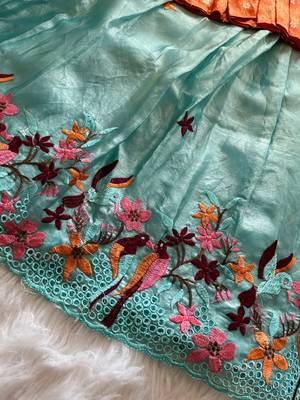 Girls orange tissue silk choli with skyblue floral embroidered lehenga set 3