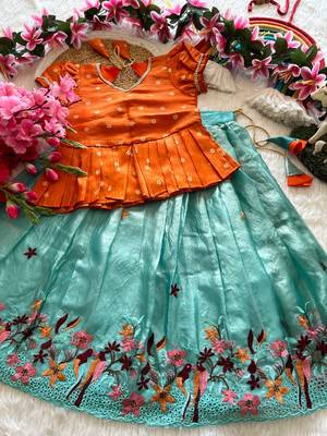 Girls orange tissue silk choli with skyblue floral embroidered lehenga set 4