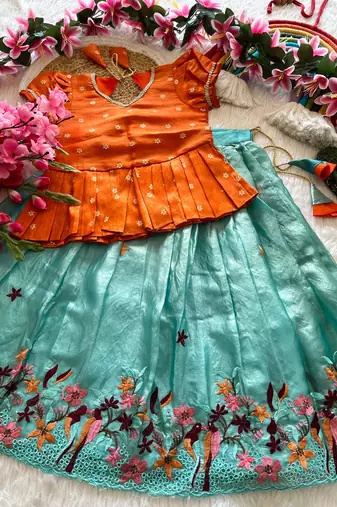 Girls orange tissue silk choli with skyblue floral embroidered lehenga set