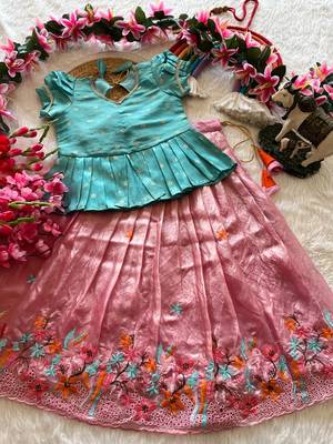 Girls skyblue tissue silk choli with pink floral embroidered lehenga set 1