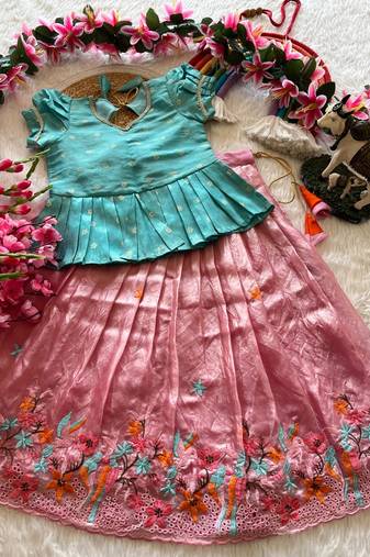 Girls skyblue tissue silk choli with pink floral embroidered lehenga set