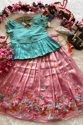 Girls skyblue tissue silk choli with pink floral embroidered lehenga set