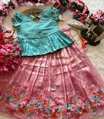 Girls skyblue tissue silk choli with pink floral embroidered lehenga set