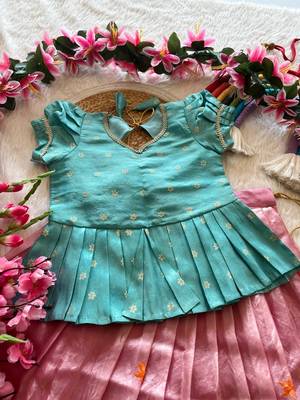 Girls skyblue tissue silk choli with pink floral embroidered lehenga set 2