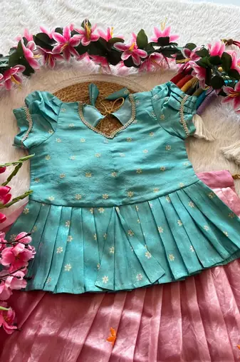 Girls skyblue tissue silk choli with pink floral embroidered lehenga set