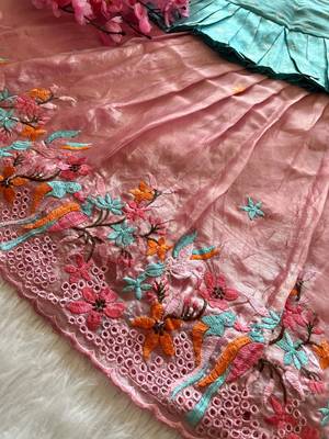 Girls skyblue tissue silk choli with pink floral embroidered lehenga set 3