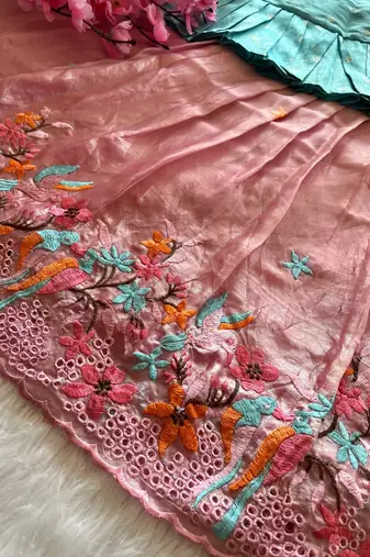 Girls skyblue tissue silk choli with pink floral embroidered lehenga set